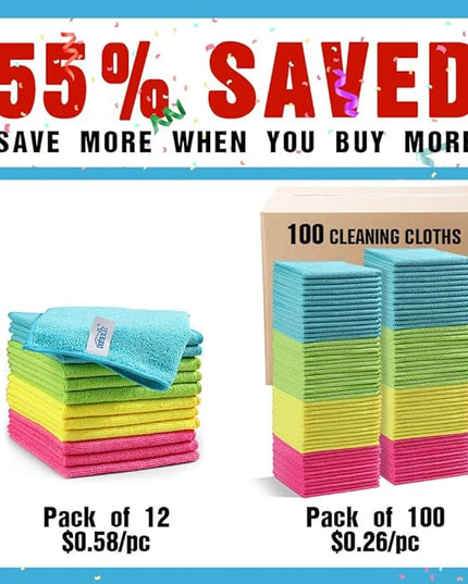 HOMEXCEL Microfiber Cleaning Cloth,100 Pack Cleaning Rags, Cleaning Towels with 4 Color Assorted, 11.5"X11.5" Shop Towels (Green/Blue/Yellow/Pink)