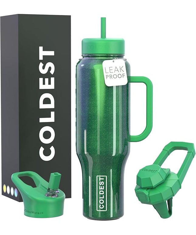 Coldest Tumbler with Handle and Straw, 100% Leak Proof Insulated Tumbler with Lid and Straw (3 Lids), Stainless Steel Tumblers for Women & Men, Cup Holder Friendly, 46 oz (Enchanted Green)