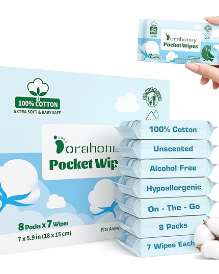 100% Cotton Travel Wipes for Sensitive Skin, 99% Purified Water Hypoallergenic Mini Wet Wipes, Unscented Pocket Wipes Travel Essentials for Adults, Kids & Baby Care, 56 Count (8 Packs of 7)
