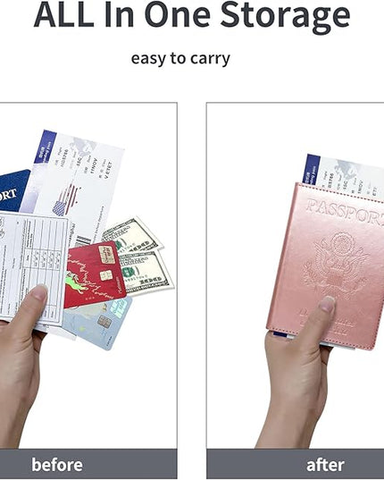 Passport Holder Cover Wallet Case RFID Blocking Leather Card Slot Travel Accessories Documents Organizer Protector for Women Men, Rose Gold