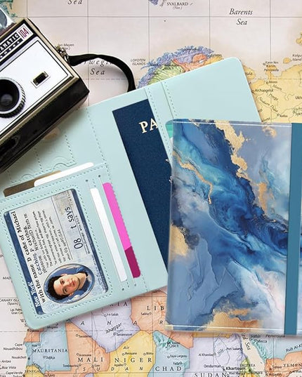 PU Leather Passport Holder Cover 5.9×4.3 Inch with Credit Card Slot and Boarding Pass Slot Combo Blocking Passport Holder Wallet Cover Case for Travel Boarding Essentials (Marble)
