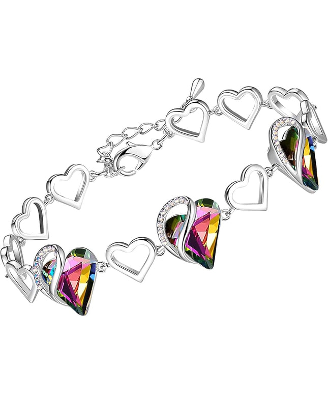 Leafael Infinity Love Heart Link Bracelets, Birthstone or Healing Stone Crystal Bracelet for Women, Silver Tone Jewelry Gifts for Her, 7-inch Chain and 2-inch Extender