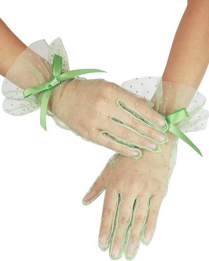 Women's Short Lace Gloves with Bow Ruffles Lace Tea Party Gloves for Wedding Costume Evening Dinner Party