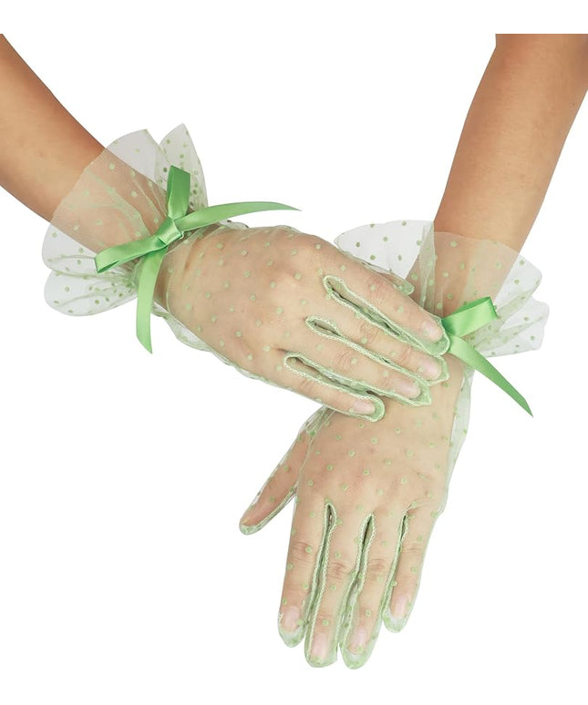 Women's Short Lace Gloves with Bow Ruffles Lace Tea Party Gloves for Wedding Costume Evening Dinner Party