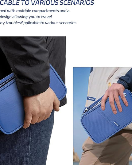 Travel Passport Holder, Large Family Passport Walle for Men Women RFID Passport Cover Lightweight Portable Document Organizer with Wrist Strap (Blue)