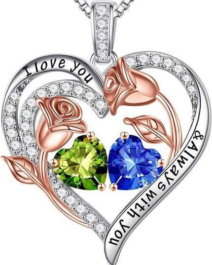 Iefil Christmas Gifts for Women Wife - 925 Sterling Silver Rose Heart Birthstone Necklace Birthday Anniversary Jewelry Gifts for Her Wife Mom Daughter