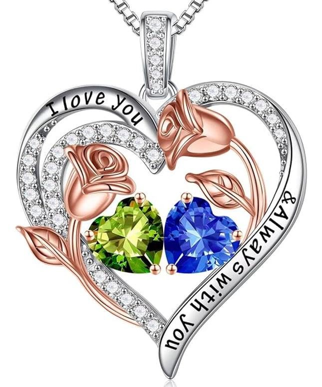 Iefil Christmas Gifts for Women Wife - 925 Sterling Silver Rose Heart Birthstone Necklace Birthday Anniversary Jewelry Gifts for Her Wife Mom Daughter
