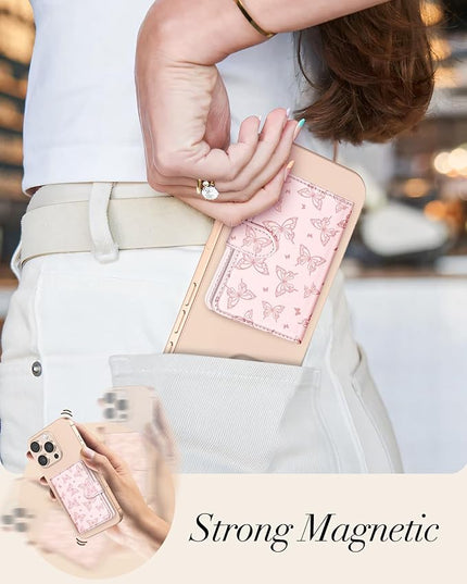 Shorogyt for Magnetic Phone Wallet Compatible with Magsafe Card Holder -Cute Luxury Slim Leather Mag Wallets for Women Fit 4 Cards,for iPhone 17/16/15/14/13/12 Series for Apple RFID Magnet, Butterfly