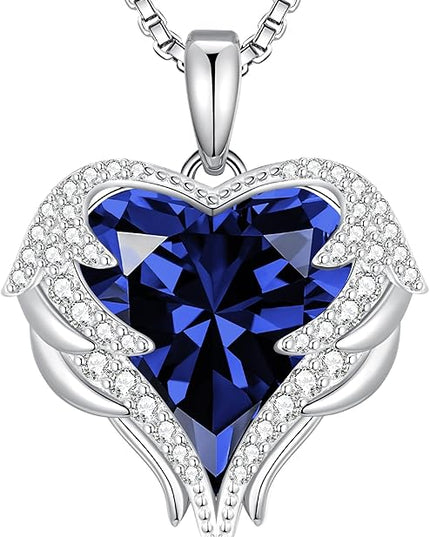 CDE Christmas Gifts for Women Angel Wings Necklace for Women with Birthstone, Love Heart Silver Tone/Gold Tone Pendant, Ideal Anniversary or Birthday Jewelry Gifts for Wife Girlfriend Her