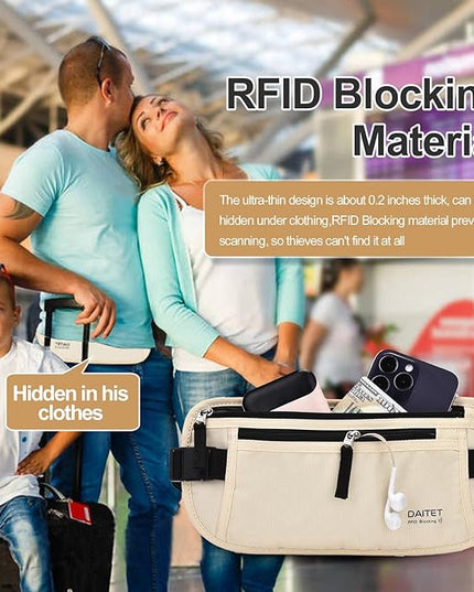 RFID Blocking Money Belt for Men Women, Slim Fanny Pack for Travel，Running,Conceal Waist Wallet for Passport Holder,Phone,Cash(Cream White)