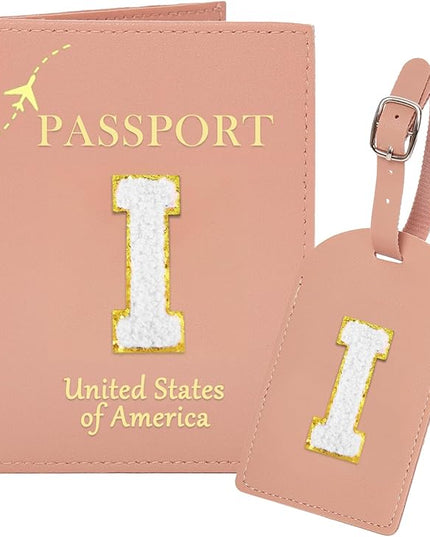 Initial Passport Cover Holder and Luggage tag Set,PU Leather Passport Case Travel Suitcase Tag with Letter Patch, Personalized Travel Luggage Accessories Gifts for Women Grils Teenage Pink I
