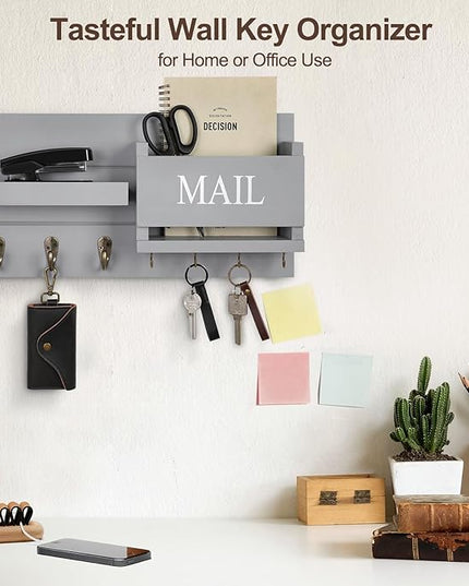 Lwenki Mail Organizer for Wall Mount – Key Holder with Shelf Includes Letter Holder and Hooks for Hallway Farmhouse Decor – Rustic Wood with Flush Mounting Hardware (16.5” x 9.1” x 3.4”) (Gray)