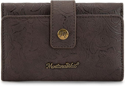 Montana West Womens Wallet Small Western Embossed Floral Wallet for Women Trifold Card Holder Wallets Ladies Female RFID Blocking Wallets Coffee with ID Window