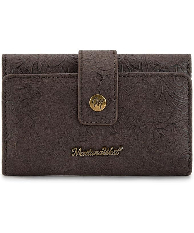 Montana West Womens Wallet Small Western Embossed Floral Wallet for Women Trifold Card Holder Wallets Ladies Female RFID Blocking Wallets Coffee with ID Window