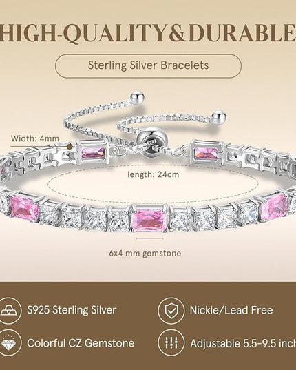 FANCIME Birthstone Bracelet for Women, Sterling Silver 4x6mm Gemstone Tennis Bracelet Bolo Adjustable Chain Fine Jewelry Birthday Gifts for Women Mom Wife Her