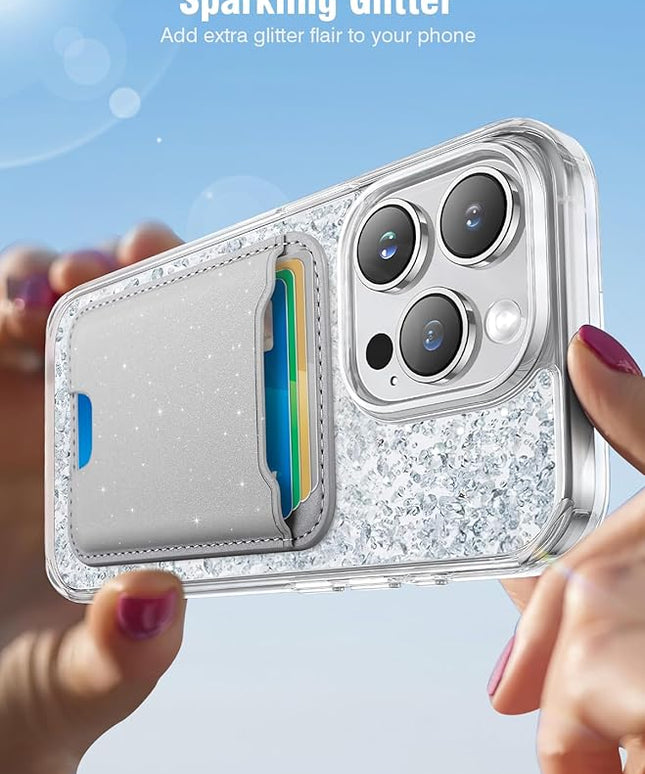 TopMade for Magsafe Wallet, Sparkle Magnetic Card Holder for iPhone 17, iPhone 16/15/14/13/12 Series, Leather Magnetic Phone Wallet with Powerful Magnet, RFID Blocking, Fit 4 Cards, Glitter Gray