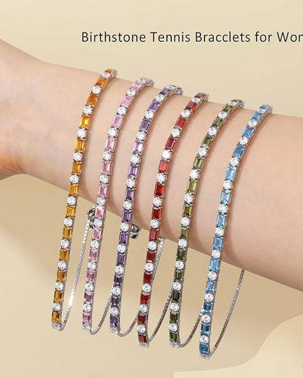 Birthstone Tennis Bracelets for Women White Gold Sterling Silver Gemstone Bracelets Adjustable Chain 6-9 Inchs Jewelry Anniversary Birthday Gifts for Women Mom Wife Her