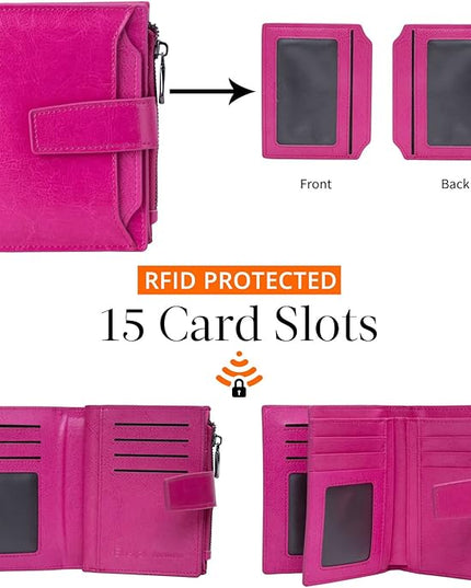 Bveyzi Women's Small Leather RFID Blocking Bifold Zipper Pocket Wallet Ladies Credit Card Slots Purse with id Window