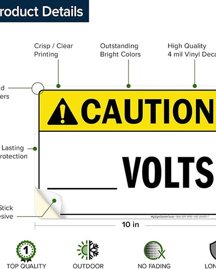 Caution Volts Sign, 10x7 Inches, 4 Mil Vinyl Decal Stickers Weather Resistant, Made in USA by My Sign Center