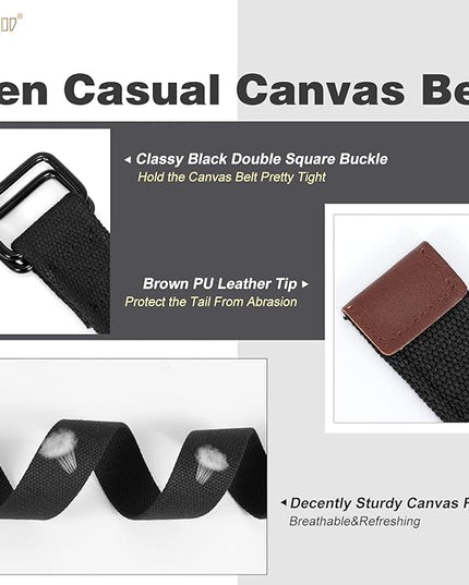 JASGOOD Men Canvas Fabric Belts Casual Web Cloth Belts with Black Double Ring Buckle 2 Pack