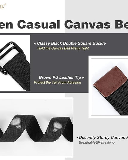 JASGOOD Men Canvas Fabric Belts Casual Web Cloth Belts with Black Double Ring Buckle 2 Pack