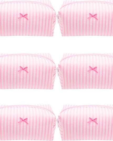 6PCS Cozy Makeup Bag Small Aesthetic Travel Zipper Cosmetic Pouch for Women Make Up Beauty Accessories Brushes, Stripe Cute Pink