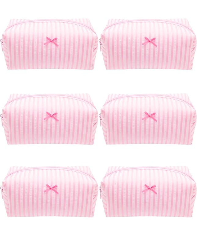 6PCS Cozy Makeup Bag Small Aesthetic Travel Zipper Cosmetic Pouch for Women Make Up Beauty Accessories Brushes, Stripe Cute Pink
