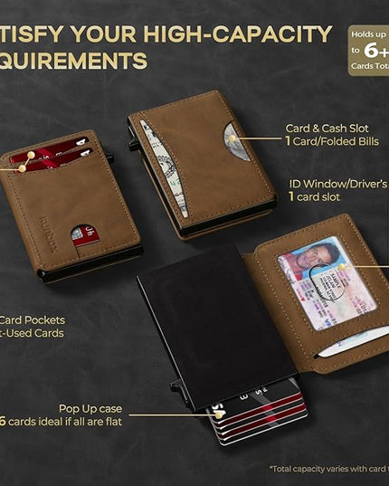 RUNBOX Slim Card Wallet for Men with ID Window – Minimalist RFID Wallet, Pop-Up Function, Ultra Thin Design, Metal Business Card Case Holds 8+ Cards, Gifts for Men, Men's Accessories