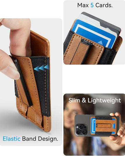 BIAJIYA Phone Wallet Sticky Back with Stand - Holds 6 Cards for iPhone & Samsung, Ultra Thin Leather & Stretch Fabric Card Holder (LiBrown)