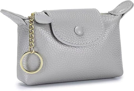 Plinvo Vintage Genuine Leather Coin Purse Keychain for Women Mini Zip Wallet Change Pouch Black (Gray)