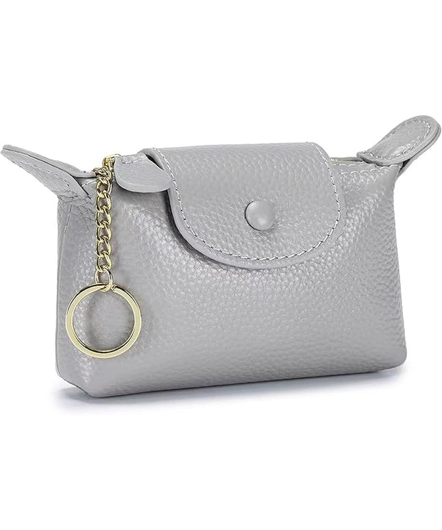 Plinvo Vintage Genuine Leather Coin Purse Keychain for Women Mini Zip Wallet Change Pouch Black (Gray)