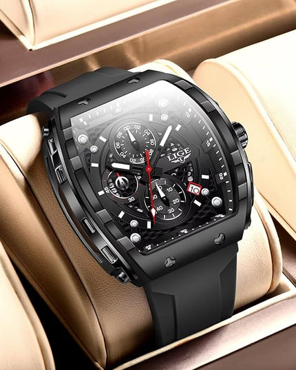 Mens Watches,Unique Rectangular Quartz Analog Watch,Outdoor Sports Multi-Function Watch,Chronograph/Waterproof/Luminous/Calendar,Durable Silicone Strap Mens Casual Watches