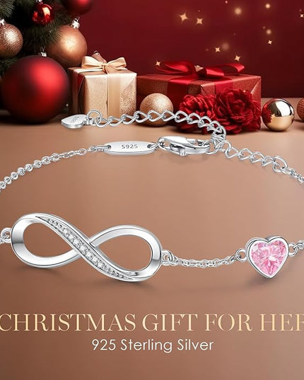CDE Valentine's Day Gift Infinity Heart Birthstone Charm Link Bracelet for Women 925 Sterling Silver Adjustable Mother's Day Christmas Day Gift Anniversary Birthday Jewelry for Wife Girlfriend Her