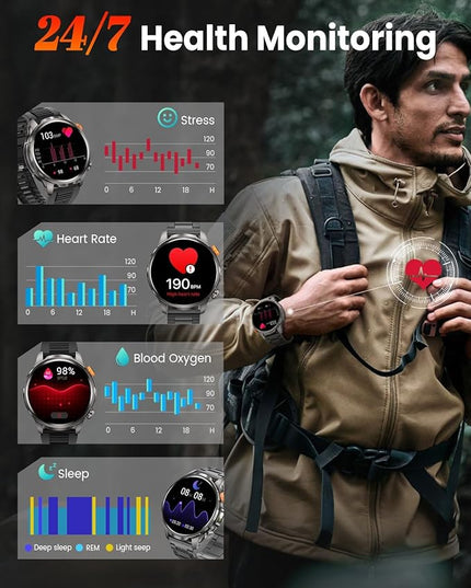 Smart Watches for Men, Military Smart Watch with 100 Days Battery/Flashlight/Heart Rate/Sleep/SpO2 Monitor/Call/110+ Sports Mode, 5 ATM Rugged Men's Fitness Tracker Watch for Android iPhone Compatible
