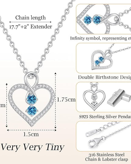 LOUISA SECRET Infinity Double Birthstone Necklace, 925 Sterling Silver Tiny Pendant Heart Necklace for Women Wife Her, Best Jewelry Gift Heart Jewelry Meaningful Gift for Valentine's Day, Christmas, Birthday Anniversary