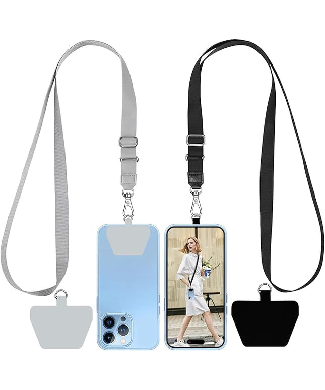 SHANSHUI Phone Lanyard, 2 Pack Phone Lanyard Strap 2 Pcs Durable Tether Tab Patches Universal Nylon Phone Neck Phone Charm Lanyard Compatible for iPhone, All Most Smartphones (Black, Grey)