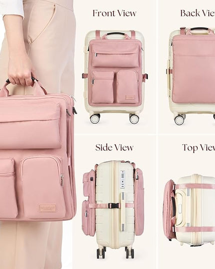 BAREFOOT CARIBOU Over Luggage Organizer for Carry On Bag or Suitcase with Storage Pockets, 16” Laptop Sleeve with Handle, Travel Accessories Bag Slide On Luggage Harness with Adjustable Straps (Pink)