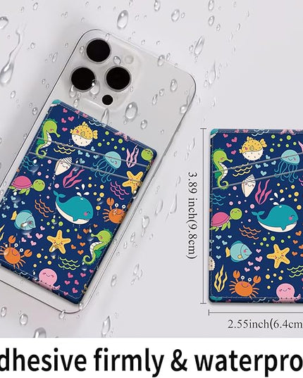 Phone Card Holder, Dual Pocket Leather Wallet Adhesive Stick On, Cute Credit Card Holder for Smartphones Case Compatible with Most Phone（Cute whale）