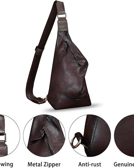 Genuine Leather Sling Bag for Men and Women Vintage Full Grain Leather Sling Purse Chest Daypack Over Shoulder Crossbody Bag (Coffee)