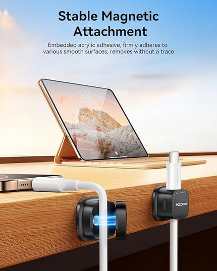6 Pack Cable Management Cord Organizer,Magnetic Cable Clips-1s Lock,Rocoren Desk Adhesive Cord Cable Clip Wire Holder Keeper for Phone Charger Wire,Nightstand,Car,Office,Desktop Accessory,Black