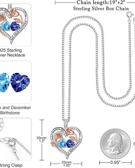 Iefil Christmas Gifts for Women Wife - 925 Sterling Silver Rose Heart Birthstone Necklace Birthday Anniversary Jewelry Gifts for Her Wife Mom Daughter