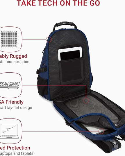 SwissGear 1900 ScanSmart 17” Laptop Backpack Navy Ballistic – Reflective Tech Backpack with ScanSmart Compartment – Multiple Organizer Pockets & RFID Scan Blocking Technology