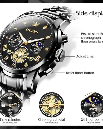 OLEVS Mens Watches Chronograph Watch Luxury Dress Stainless Steel Waterproof Watches for Men Moon Phase Luminous Business Calendar Wrist Watch Blue/Black/Green/Gold/Face