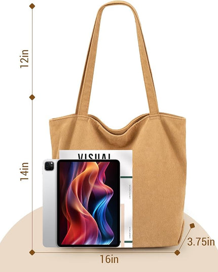Iioscre Corduroy Tote Bag for Women,Hobo HandBags with Zipper,Large Capacity Casual Shoulder Handbags with Inner Pockets