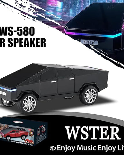 Futuristic Pickup Truck Replica Bluetooth Speaker with LED Display Screen – TWS Stereo, FM, USB/TF Playback, LED Lights, Built-in Mic, Gift for Car Lovers & Tech Fans (Black)