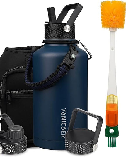 Insulated Water Bottle 64oz,Triple Wall Vacuum Stainless Steel(Dishwasher Safe),Leak Proof & Non-BPA,Flask Jug with Paracord Handle & Straw Spout Lids Sports Navy Blue