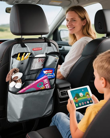 Rubbermaid Backseat Car Organizer, Kick Mats and Seat Back Protector, Car Organizer for Kids with 6 Storage Pockets, Travel Essentials for SUV, Truck, Car - 2 packs Gray