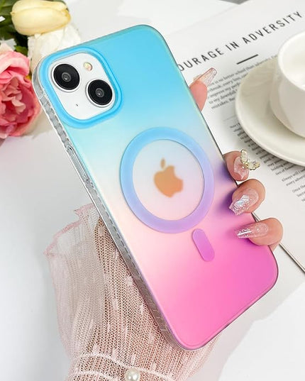 Aesthetic Case for iPhone 15 Case for Women Girls, Compatible with Magsafe, Cute Girly Trendy Glitter Sparkly Rainbow Magnetic Protective Phone Cover, Matte Iridescent Blue & Pink