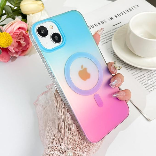 Aesthetic Case for iPhone 14 Plus & iPhone 15 Plus Case for Women Girls, Compatible with Magsafe, Cute Girly Trendy Glitter Sparkly Bling Rainbow Magnetic Phone Cover, Iridescent Blue & Pink