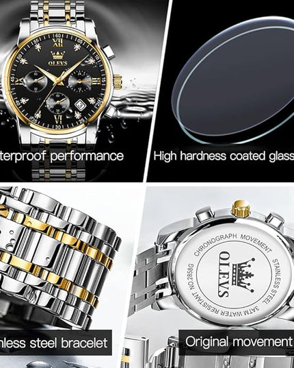OLEVS Men's Luxury Watch Waterproof Luminous Easy Read Chronograph Watches Full Gold/White Dail/Black Face with Calendar Wristwatch